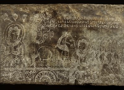 Indgraveret stenpanel, der forestiller Bhojajania Jataka-fortællingen, fra Wat Si Chum, Sukhothai, 14.-15. århundrede af Thai School
