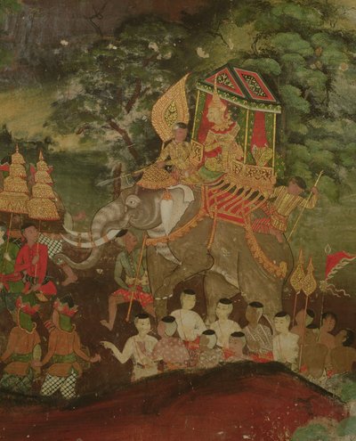 Kong Sanjaya på en elefant, Wat Suwannaram, Dhonburi, 1831 af Thai School