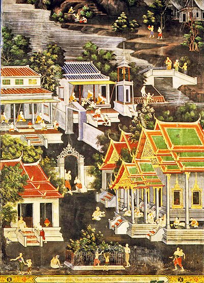 Life of the Monks, Wirharn Sasada, Wat Bowonniwet Vihara, Bangkok (fresco) af Thai School