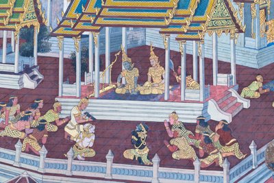 Vægmaleri, der viser scener fra Ramayana ved Wat Phra Kaeo, Royal Grand Palace, Bangkok, Thailand af Thai School