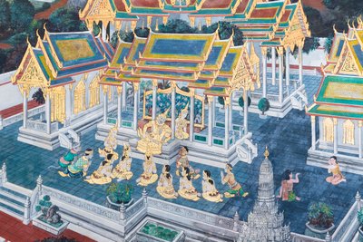 Vægmaleri, der viser scener fra Ramayana ved Wat Phra Kaeo, Royal Grand Palace, Bangkok, Thailand af Thai School