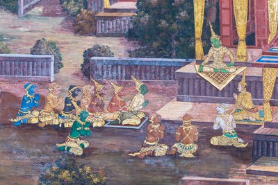 Vægmaleri, der viser scener fra Ramayana ved Wat Phra Kaeo, Royal Grand Palace, Bangkok, Thailand af Thai School