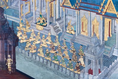 Vægmaleri, der viser scener fra Ramayana ved Wat Phra Kaeo, Royal Grand Palace, Bangkok, Thailand af Thai School