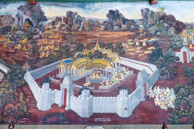 Vægmaleri, der viser scener fra Ramayana ved Wat Phra Kaeo, Royal Grand Palace, Bangkok, Thailand af Thai School
