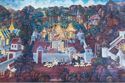 Vægmaleri, der viser scener fra Ramayana ved Wat Phra Kaeo, Royal Grand Palace, Bangkok, Thailand af Thai School