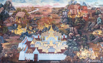 Vægmaleri, der viser scener fra Ramayana ved Wat Phra Kaeo, Royal Grand Palace, Bangkok, Thailand af Thai School
