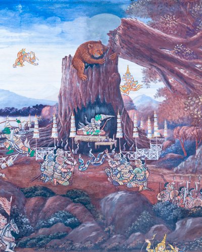 Vægmaleri, der viser scener fra Ramayana ved Wat Phra Kaeo, Royal Grand Palace, Bangkok, Thailand af Thai School