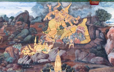 Vægmaleri, der viser scener fra Ramayana ved Wat Phra Kaeo, Royal Grand Palace, Bangkok, Thailand af Thai School