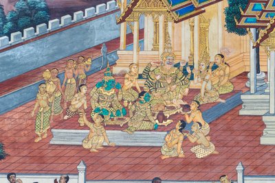 Vægmaleri, der viser scener fra Ramayana ved Wat Phra Kaeo, Royal Grand Palace, Bangkok, Thailand af Thai School