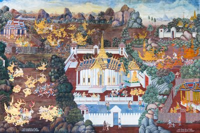 Vægmaleri, der viser scener fra Ramayana ved Wat Phra Kaeo, Royal Grand Palace, Bangkok, Thailand af Thai School