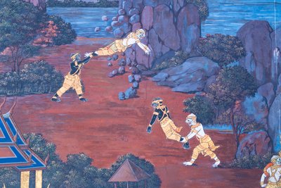 Vægmaleri, der viser scener fra Ramayana ved Wat Phra Kaeo, Royal Grand Palace, Bangkok, Thailand af Thai School