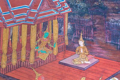 Vægmaleri, der viser scener fra Ramayana ved Wat Phra Kaeo, Royal Grand Palace, Bangkok, Thailand af Thai School