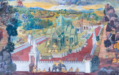 Vægmaleri, der viser scener fra Ramayana ved Wat Phra Kaeo, Royal Grand Palace, Bangkok, Thailand af Thai School