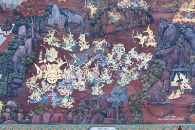 Vægmaleri, der viser scener fra Ramayana ved Wat Phra Kaeo, Royal Grand Palace, Bangkok, Thailand af Thai School