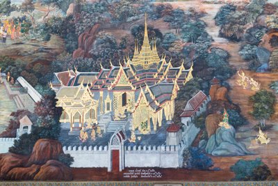 Vægmaleri, der viser scener fra Ramayana ved Wat Phra Kaeo, Royal Grand Palace, Bangkok, Thailand af Thai School