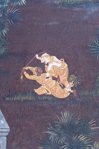 Vægmaleri, der viser scener fra Ramayana ved Wat Phra Kaeo, Royal Grand Palace, Bangkok, Thailand af Thai School