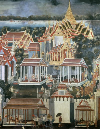 Ofringer givet til munke i Temple of the Emerald Buddha, 1864 (vægmaleri) af Thai School