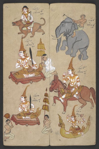 Eller 16455 f.12r, Dyr fra Zodiac, fra Phrommachat (pergament) af Thai School
