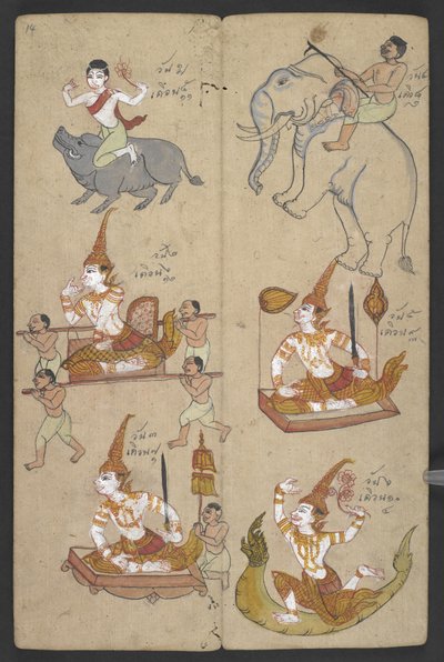 Eller 16455 f.14r, Dyr fra Zodiac, fra Phrommachat (pergament) af Thai School