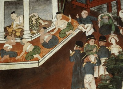Paladsdame modtager muslimske købmænd og vestlige sømænd, Rattanakosin skole (vægmaleri) af Thai School