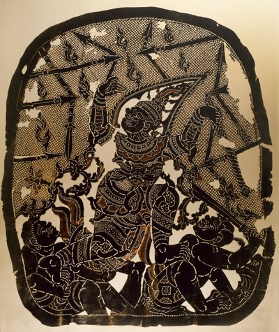 Scene fra Nang Yai skyggedukketeater, der repræsenterer Virunjambang, hærgeneral Dasakantha, udskåret læderpanel, Thailand, Thai Civilization af Thai School