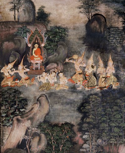 Buddhas fristelse (vægmaleri) af Thai School