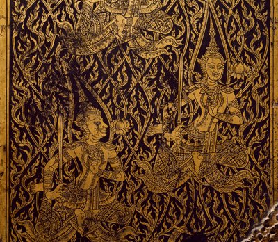 Garderobe til sutra, udskåret og lakeret træ, fra Bangkok, Thailand, Detail, Thai Civilization, begyndelsen af det 19. århundrede af Thai School
