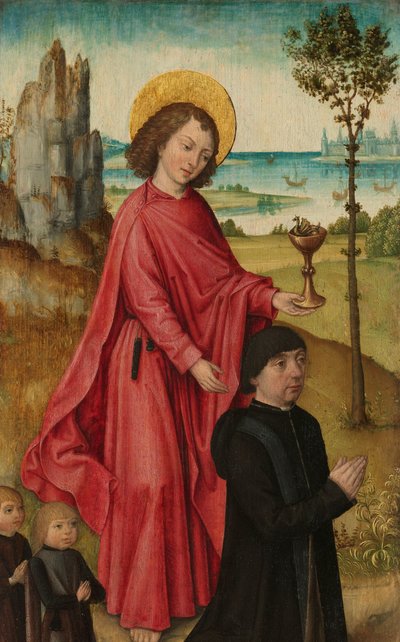En donor og hans to sønner med Sankt Johannes evangelisten, indre venstre fløj af en triptykon af The (Bruges) Master of the Legend of Saint Ursula (workshop of)
