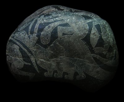 ica stenen. En mand, der dræber en dinosaur. af The Ica stones.
