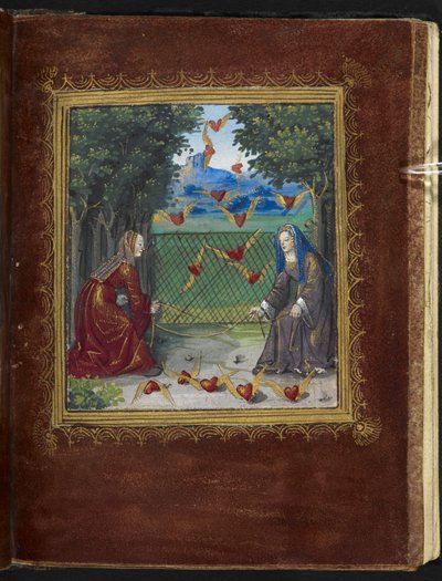 Stowe 955 f.13r Tjenestepiger og bevingede hjerter, miniature fra 