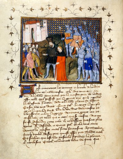 (Hele folio) Kong Richard II, ført til fange af Henry Bolingbroke til London, giver afkald på tronen; dekoreret kant med tekst nedenfor. af The Virgil Master