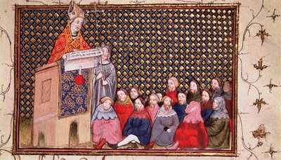 Harl 1319 f.12 Ærkebiskop Arundel prædiker for Henriks sag, fra 