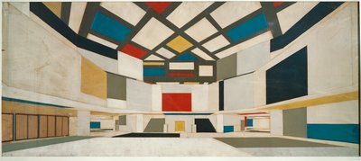 Farvet design til den centrale hal på et universitet (pen, blyant, olie, collage på gennemsigtigt papir monteret på karton) af Theo van Doesburg