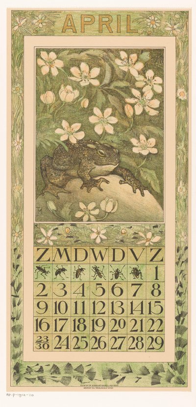 April kalenderark med frø Kalender 1911 12 litografier af Th. v. Hoytema (serietitel) Sti under blomster af Theo van Hoytema
