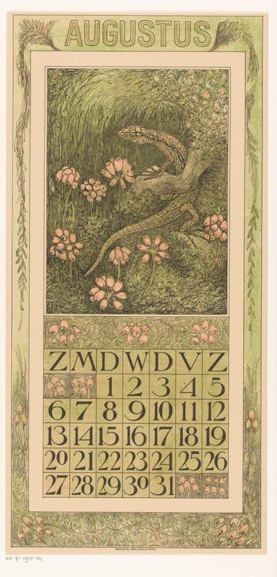 August kalenderside med firben og lyng Kalender 1911 12 litografier af Th. v. Hoytema (serietitel) af Theo van Hoytema