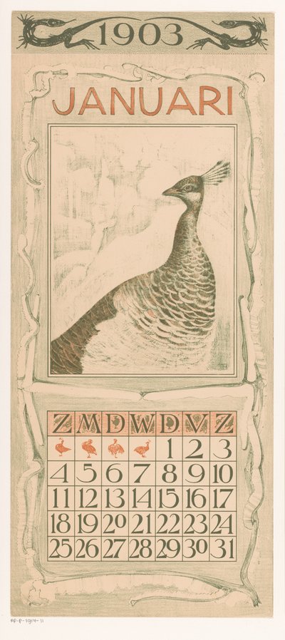 Januar kalenderark med påfugl Kalender 1903 12 litografier af Th. v. Hoytema (serietitel) af Theo van Hoytema