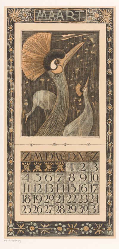 Kalenderblad marts med kronekraner Kalender 1906 12 litografi af Th. v. Hoytema (serietitel) af Theo van Hoytema