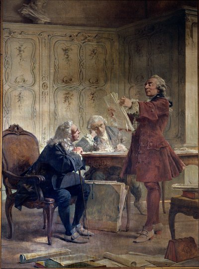 Naturforskeren og intendanten af Jardin du roi Georges-Louis Leclerc, greve af Buffon (1707-1788) læser de første ark af sin naturhistoriske aftale foran botanikeren Bernard de Jussieu (1699-1777) og naturforskeren Edme-Louis Daubenton (1732-17 af Theobald Chartran