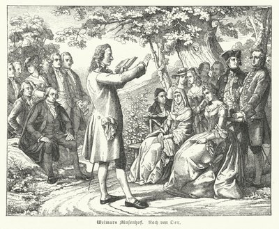 The Weimar Court of the Muses: Tysk digter og dramatiker Friedrich Schiller læser på Schloss Tiefurt, med Christoph Martin Wieland, Johann Wolfgang Goethe og Johann Gottfried Herder blandt de lyttende (gravering) af Theobald Reinhold von Oer