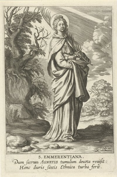 Heilige Emerentiana fra Rom St. Emmerantiana (titel på objekt) Feminine heiligen (serietitel) Mirror Illuminated Virgin (serietitel) af Theodoor Galle