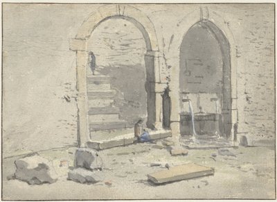 Springvand mod en bymur, hvori der er bygget en trappe af Theodoor Wilkens