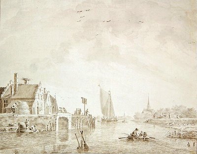 Skibsfart i en flodmunding ved en landsby med en by i det fjerne (pen og blæk med vask på papir) af Theodor Verrijk