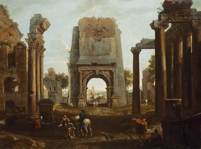 En Capriccio af romerske ruiner med Titusbuen og figurer (olie) af Theodor (circle of) Helmbreker