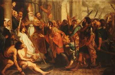 Sankt Ambrosius, biskop af Milano, nægter kejser Theodosius adgang til Milanos katedral af Theodor Boeyermans