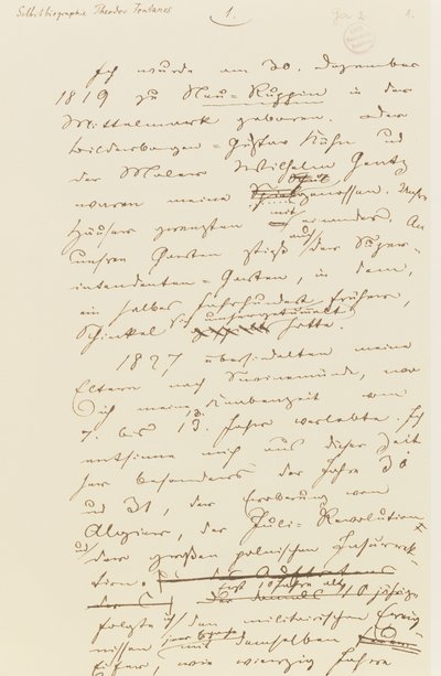 Side fra Fontanes selvbiografi (pen og blæk på papir) af Theodor Fontane