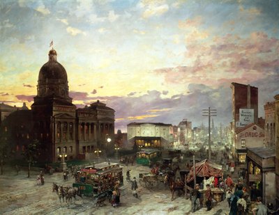 Washington Street, Indianapolis at Dusk (olie på lærred) af Theodor Groll