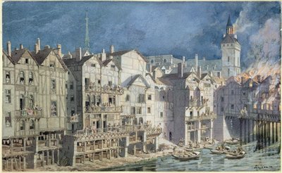 Brand ved Pont aux Meuniers i 1621 (pen og blæk og wc på papir) af Theodor Josef Hubert Hoffbauer