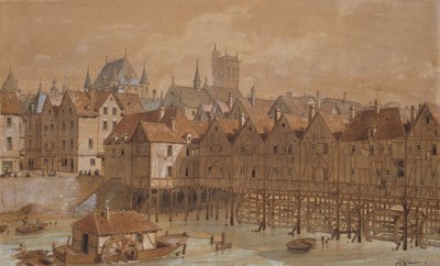 The Grand Chatelet og Pont aux Meuniers (pen, blæk og wc på papir) af Theodor Josef Hubert Hoffbauer