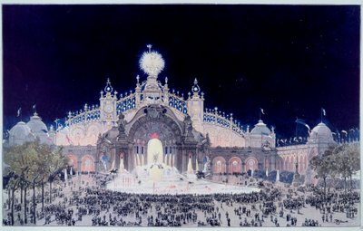 Verdensudstilling: "" Udsigt over Palace of Electricite and Water Castle i Paris i 1900"" Tryk af Theodore Joseph Hubert Hoffbauer (1839-1922) kendt som Fedor Hoffbauer. 1900 Paris, Musee Carnavalet af Theodor Josef Hubert Hoffbauer
