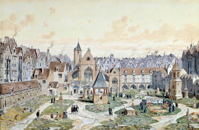 Udsigt over de uskyldiges kirkegård i Paris i 1550. Akvarel af Theodore Joseph Hubert Hoffbauer (1839-1922) Paris fra det 19. århundrede, Musee Carnavalet af Theodor Josef Hubert Hoffbauer